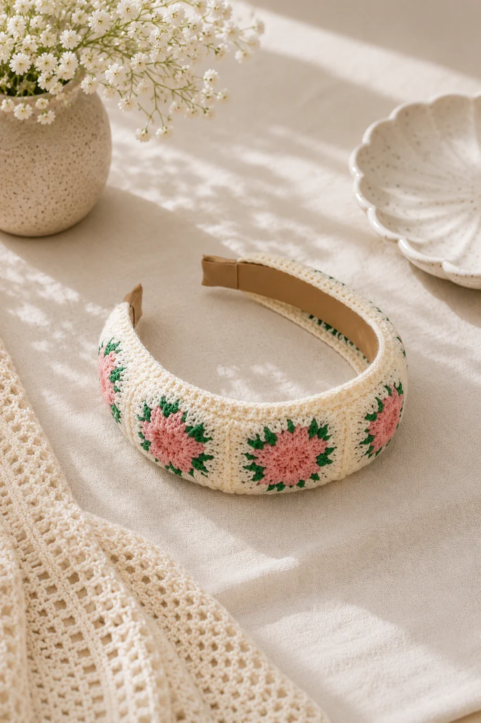 Pink Flower Knit Wide Headband - Image 2