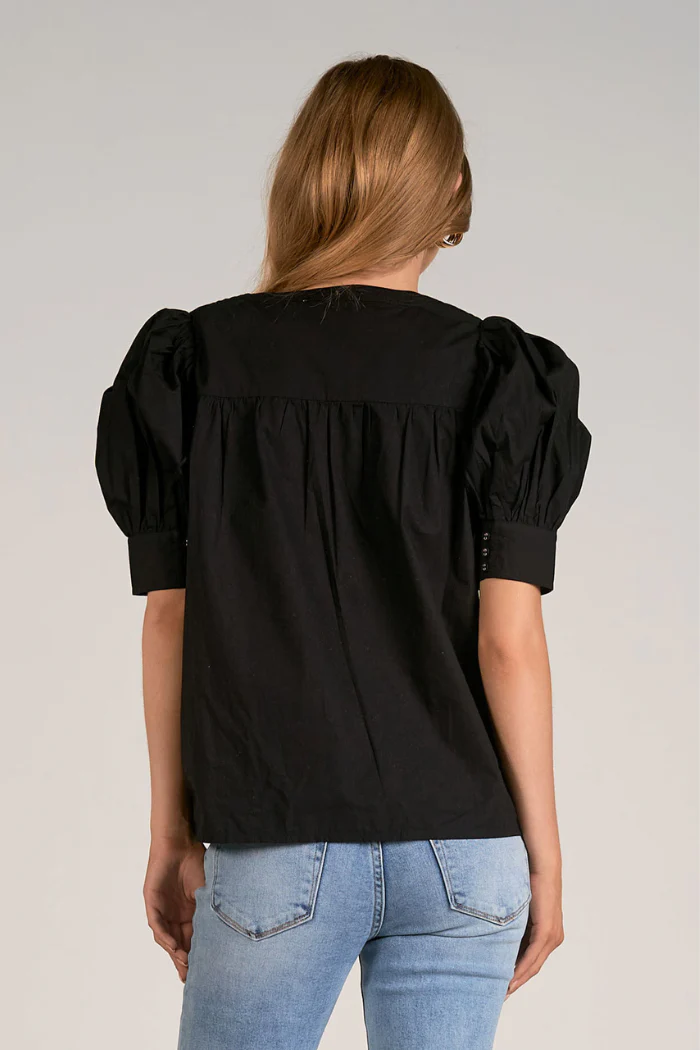 Puff Sleeve Ladder Trim V-Neck Top - Image 2