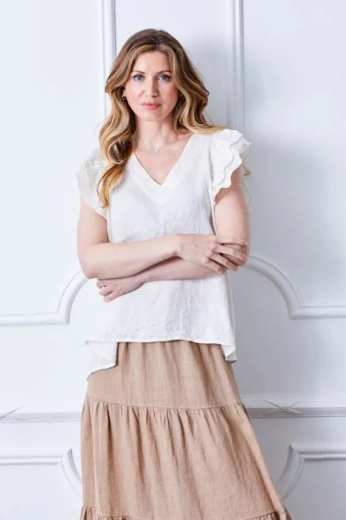 Santiago V-Neck Linen Tee - Cream