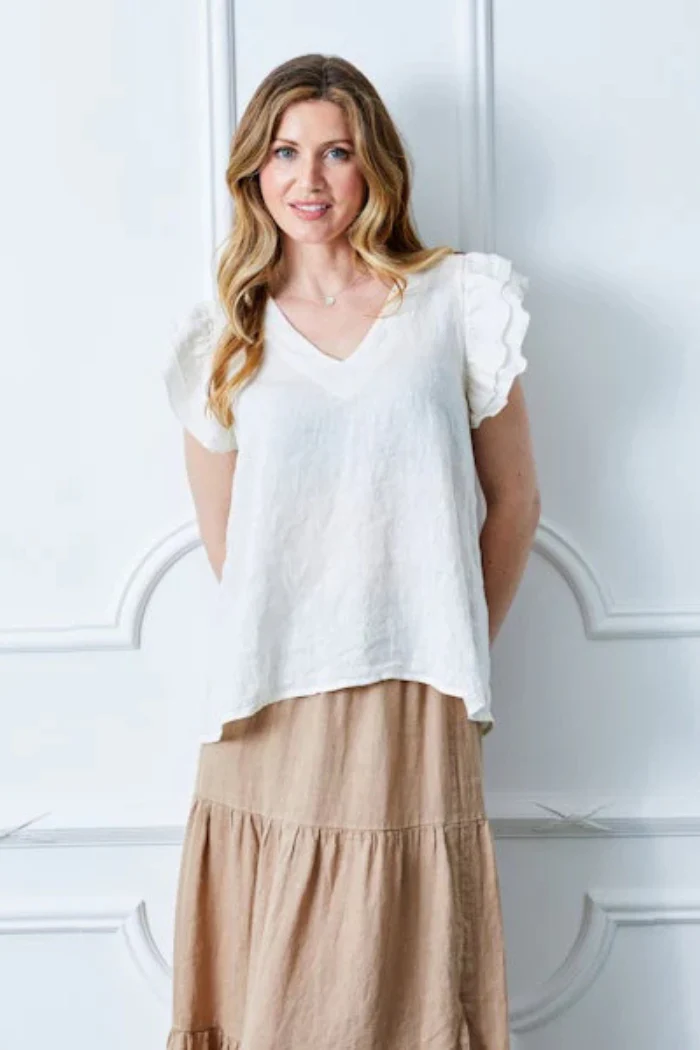 Santiago V-Neck Linen Tee - Cream - Image 2