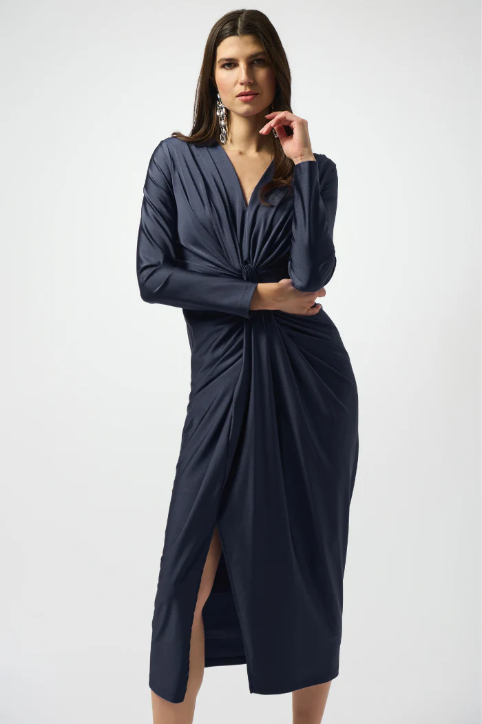 Signature | Satin Effect Knit Draped V-Neck Sheath Dress