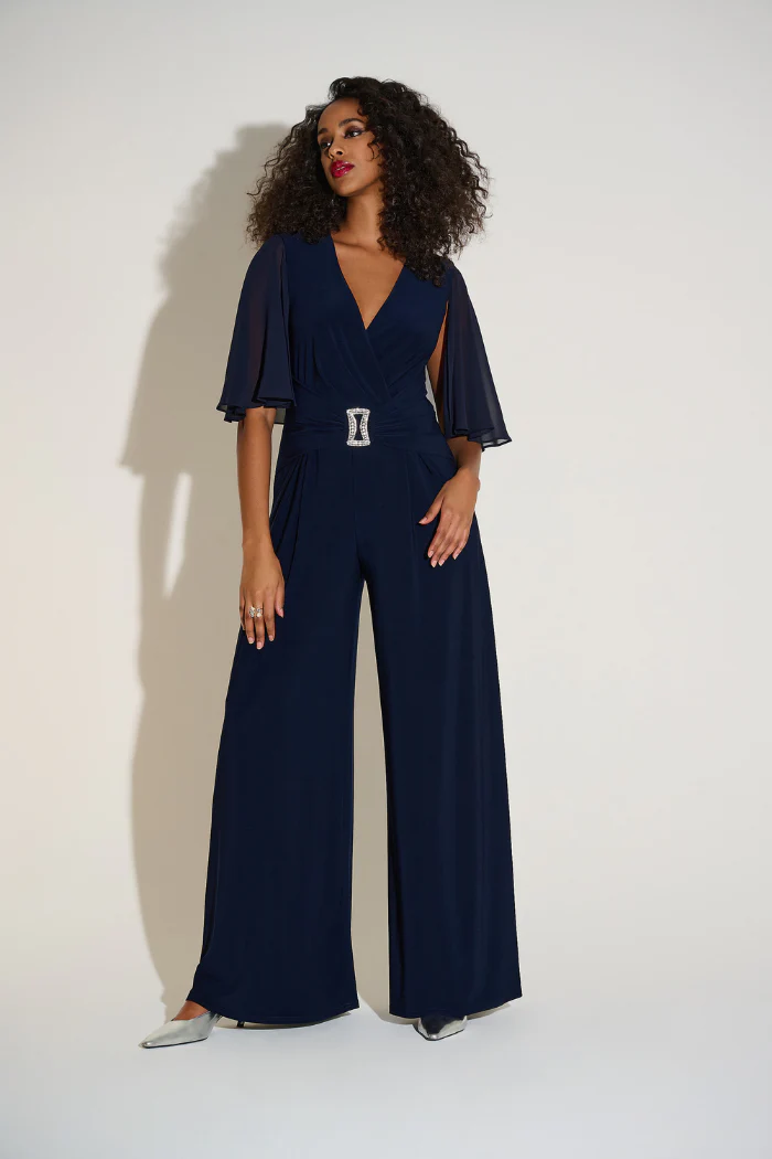 Silky Knit & Chiffon Wide Leg Jumpsuit with Cape - Image 2