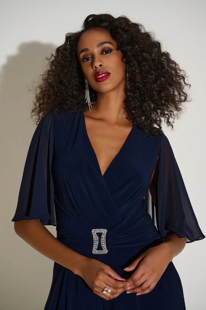 Silky Knit & Chiffon Wide Leg Jumpsuit with Cape - Image 3