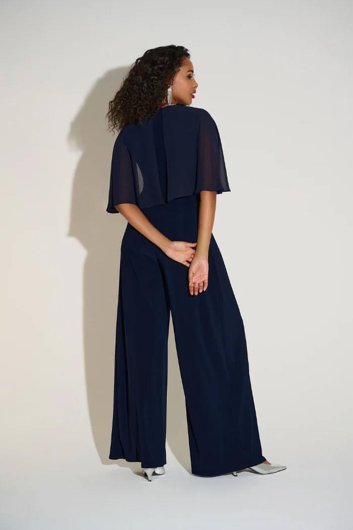 Silky Knit & Chiffon Wide Leg Jumpsuit with Cape - Image 4
