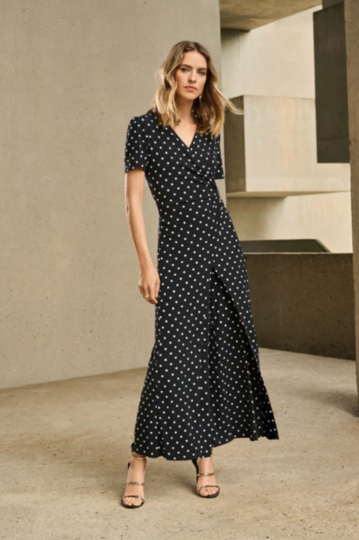 Silky Knit Dot Print Wrap Culotte Jumpsuit