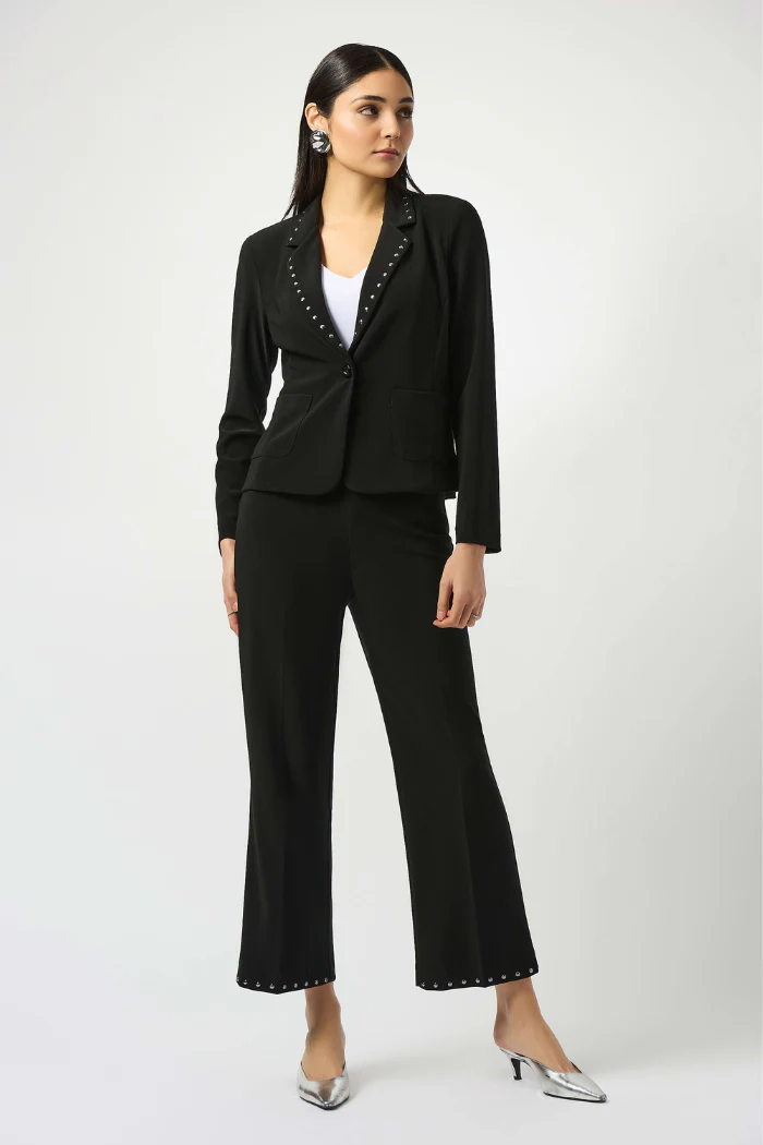 Joseph Ribkoff Studded Hem Straight-Leg Trousers| Chic Black Ankle Pants