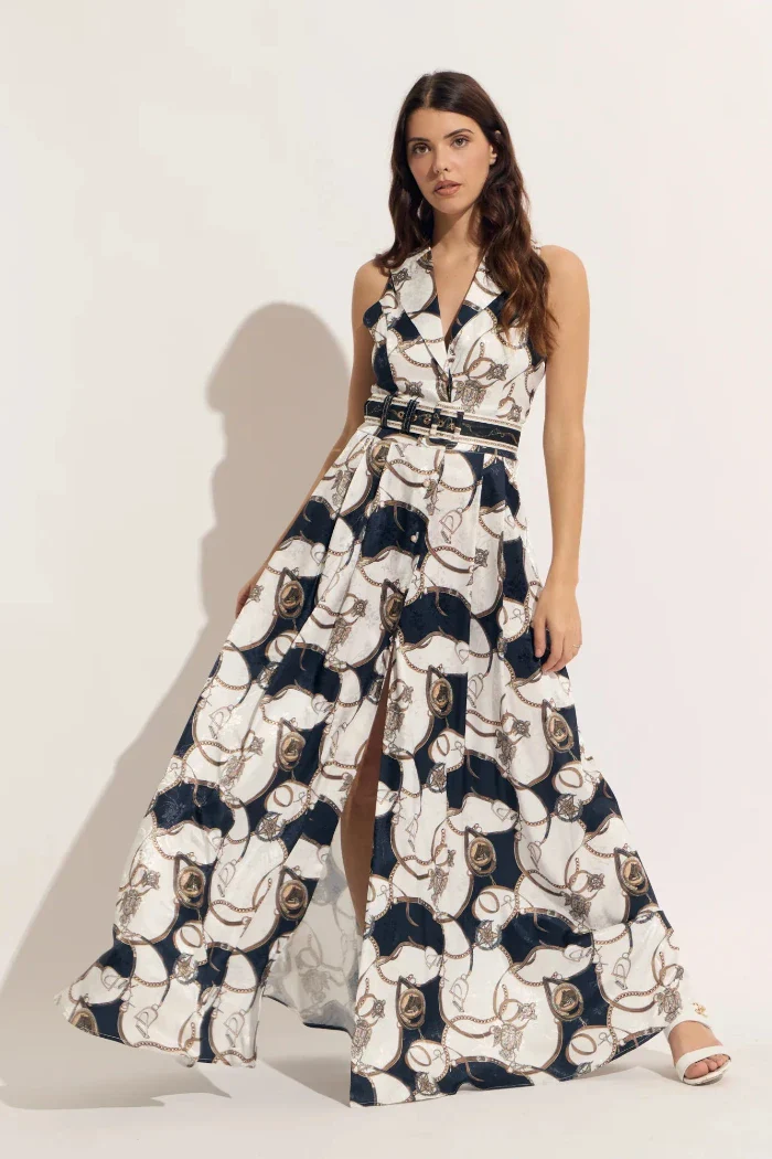 Sleeveless Equestrian Print Belted Maxi Dress