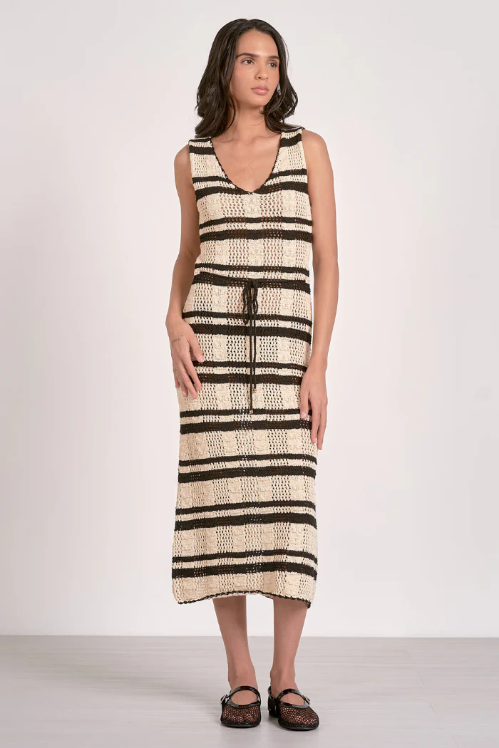 Striped Crochet Knit Dress - Natural Black