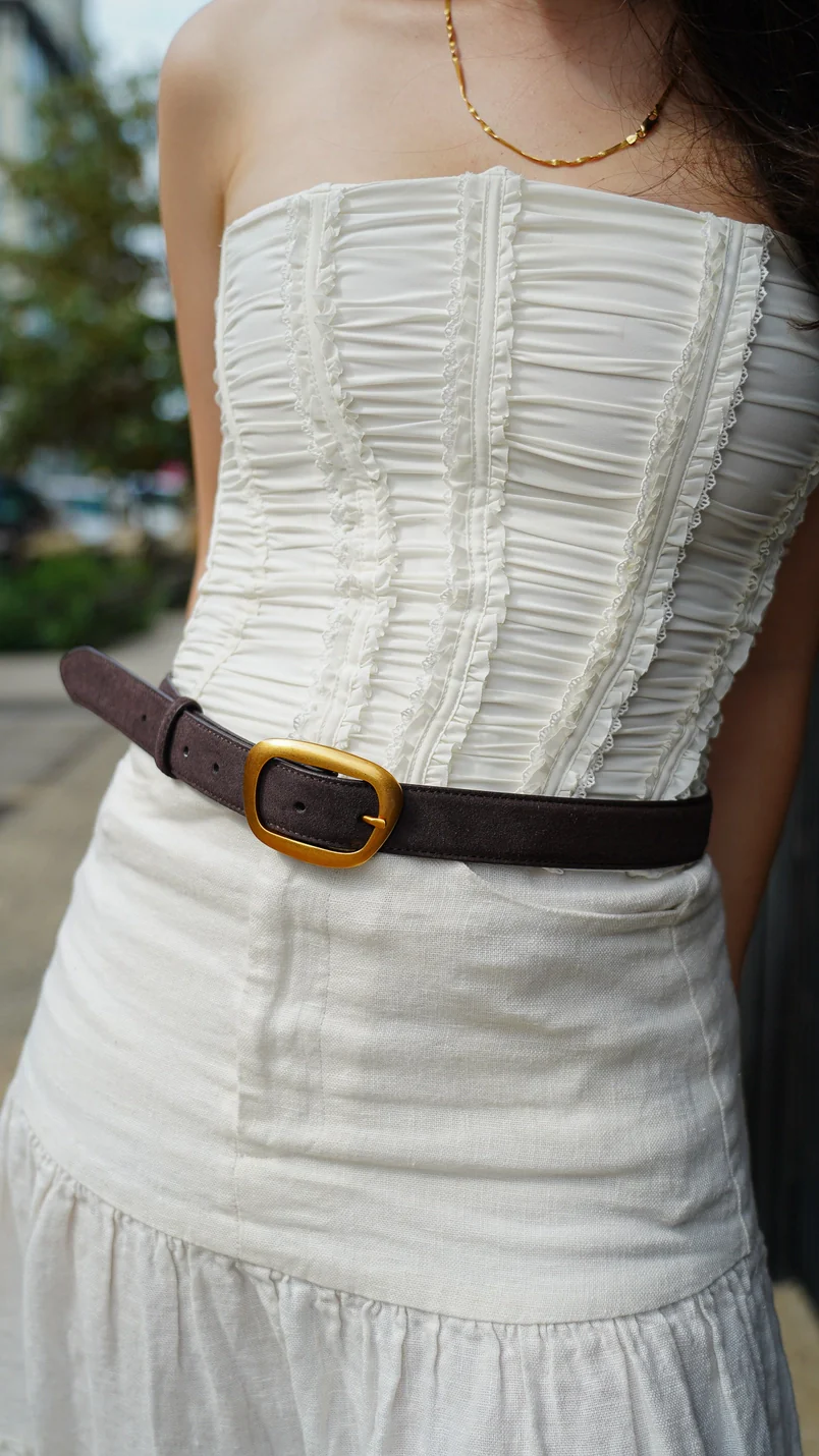 Suede Belt with Organic Shape Buckle - Caramel - Image 3