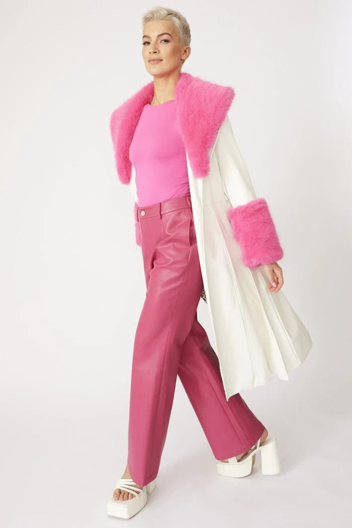 Trench Style Belted Coat with Faux Fur Cuffs and Collar - Image 2