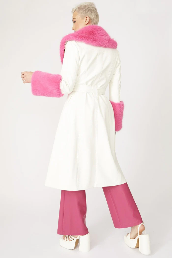 Trench Style Belted Coat with Faux Fur Cuffs and Collar - Image 4