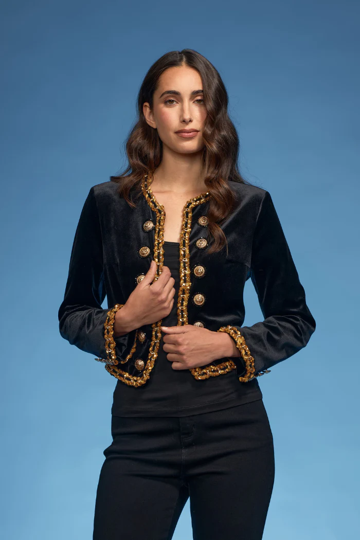 Velvet Open Jacket with Sequins & Gold Buttons