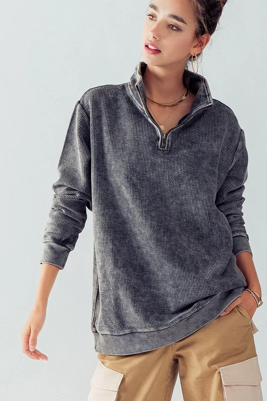 Vintage Washed Quarter Zip Ribbed Sweatshirt - Image 3