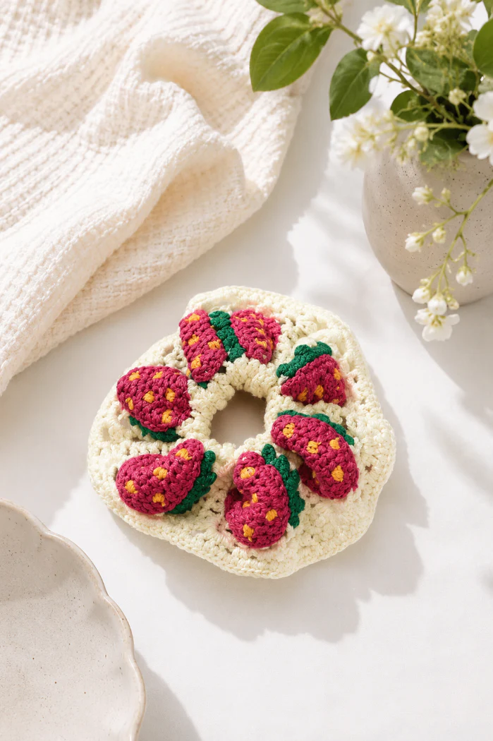 White Strawberry Bohemian Handmade Crochet Colorful Scrunchie - Image 3