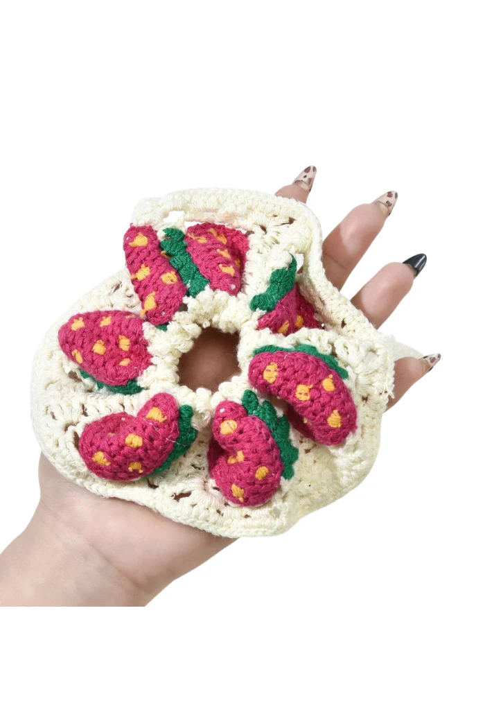 White Strawberry Bohemian Handmade Crochet Colorful Scrunchie - Image 4