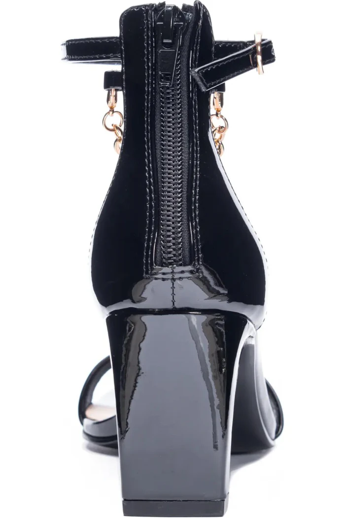 Chic Black Patent Block Heel Sandals with Gold Chain Ankle Strap - Image 4