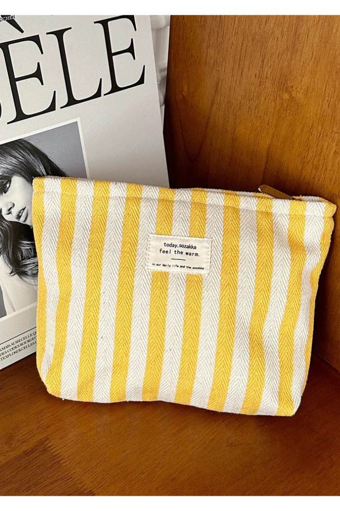 Yellow Striped Color Block Make Up Bag - Image 4